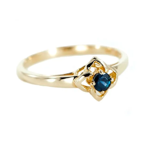 Yellow Gold Four Petal Floral Design Ring with Round Faceted Blue Sapphire J. Schrecker Jewelry Hopkinsville, KY