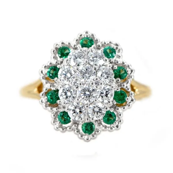 Jabel Yellow Gold Oval Diamond Cluster Ring with Emerald Halo