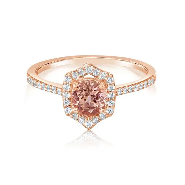 Parlé Rose Gold Ring with Lotus Garnet Surrounded by Hexagonal Diamond Halo J. Schrecker Jewelry Hopkinsville, KY