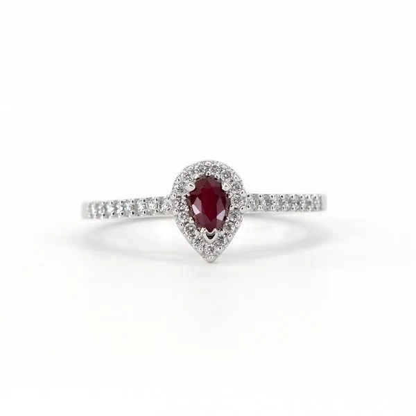 White Gold Ring with Pear-Shaped Ruby with Diamond Halo J. Schrecker Jewelry Hopkinsville, KY