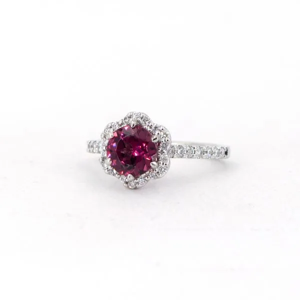 Rhodolite Garnet Ring with Scallop Halo of Diamonds J. Schrecker Jewelry Hopkinsville, KY
