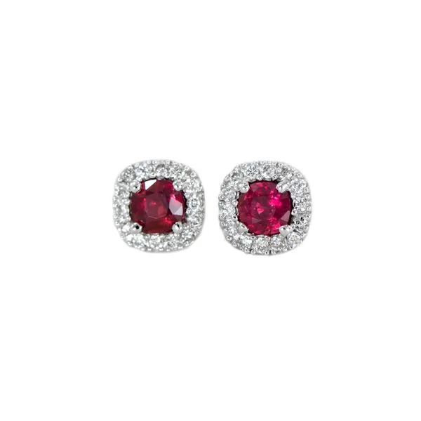 Cushion Shaped Ruby Earrings with Diamond Halo in White Gold J. Schrecker Jewelry Hopkinsville, KY