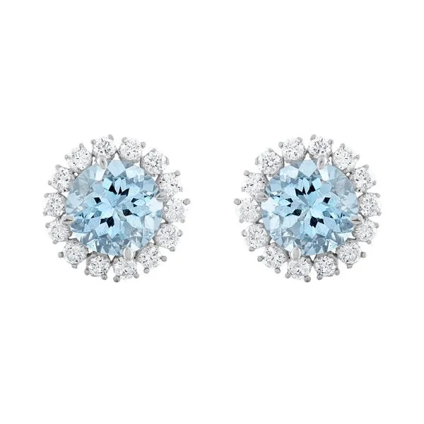 White Gold Round Aquamarine Earrings with Halo of Prong Set Round Diamonds J. Schrecker Jewelry Hopkinsville, KY