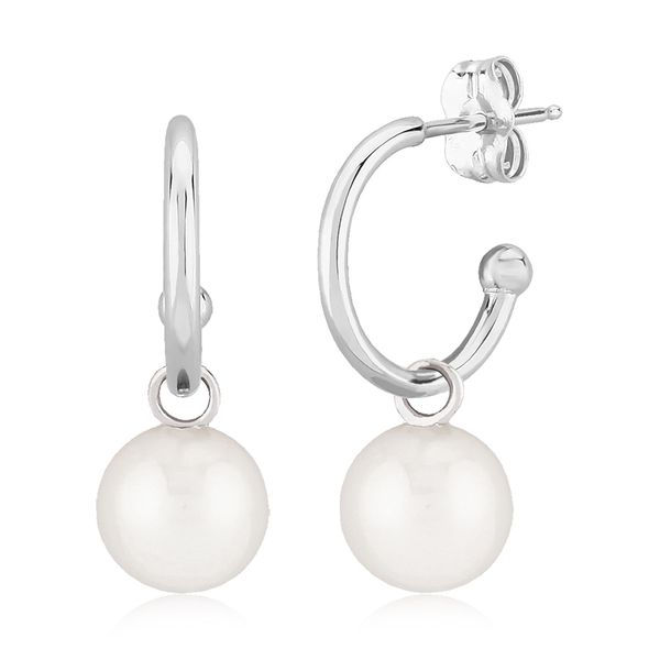Sterling Silver Round Tube Hoop Earrings with Drop White Pearl J. Schrecker Jewelry Hopkinsville, KY
