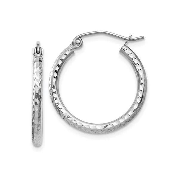14 Karat White Gold Diamond Cut 2 Millimeter Round Hoop Earrings J. Schrecker Jewelry Hopkinsville, KY