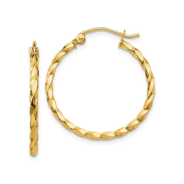 Yellow Gold 2 Millimeter Twist 25 Millimeter Hoop Earrings J. Schrecker Jewelry Hopkinsville, KY