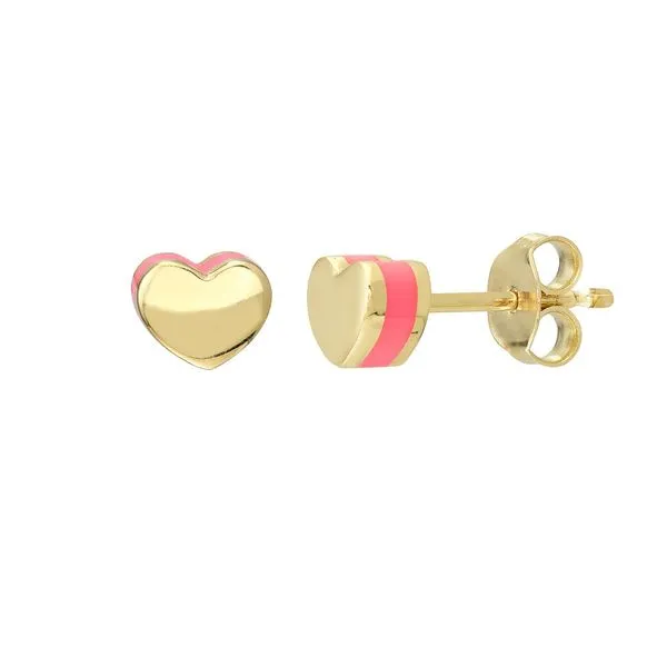 Yellow Gold Heart Stud Earrings with Bright Pink Enamel J. Schrecker Jewelry Hopkinsville, KY