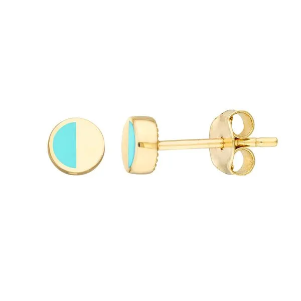Yellow Gold 5 Millimeter Round Stud Earrings with Turquoise Enamel Detail J. Schrecker Jewelry Hopkinsville, KY