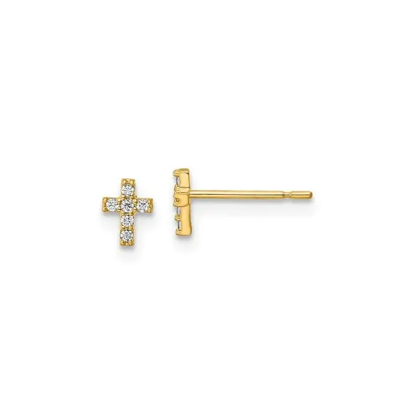 Yellow Gold Petite Cross CZ Stud Earrings J. Schrecker Jewelry Hopkinsville, KY