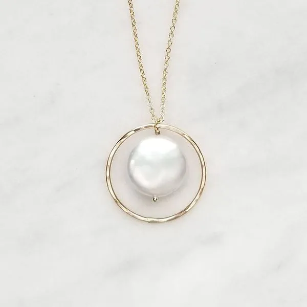 Yellow Gold Filled Necklace with White Coin Shaped Freshwater Pearl in Halo Image 2 J. Schrecker Jewelry Hopkinsville, KY