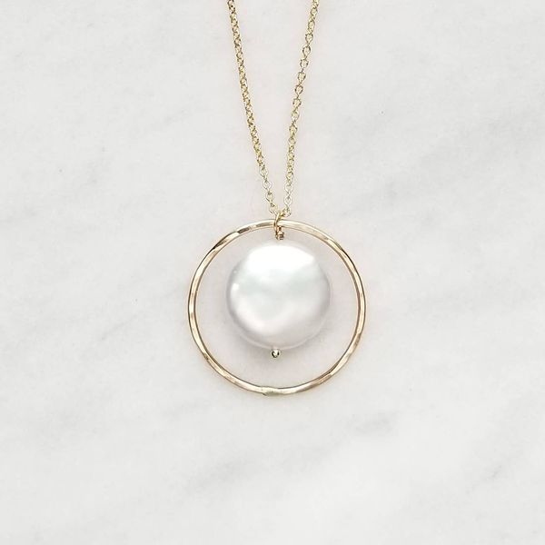 Yellow Gold Filled Necklace with White Coin Shaped Freshwater Pearl in Halo Image 2 J. Schrecker Jewelry Hopkinsville, KY