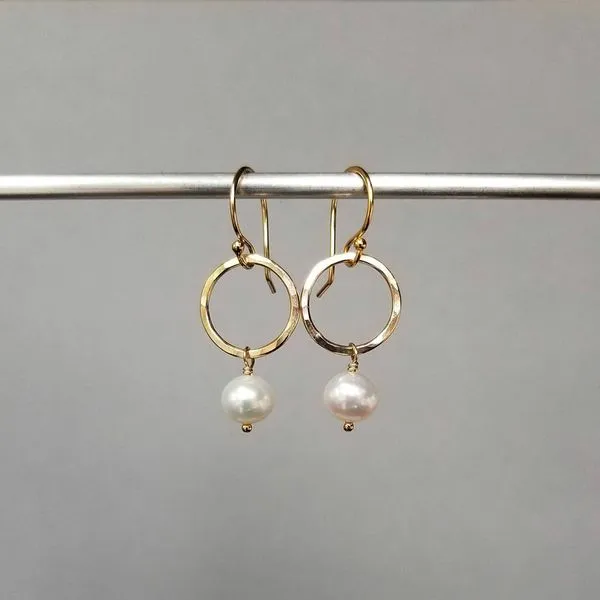 Yellow Gold Filled Hammered Circle Earrings with White Freshwater Pearl Image 2 J. Schrecker Jewelry Hopkinsville, KY
