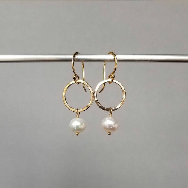 Yellow Gold Filled Hammered Circle Earrings with White Freshwater Pearl Image 2 J. Schrecker Jewelry Hopkinsville, KY