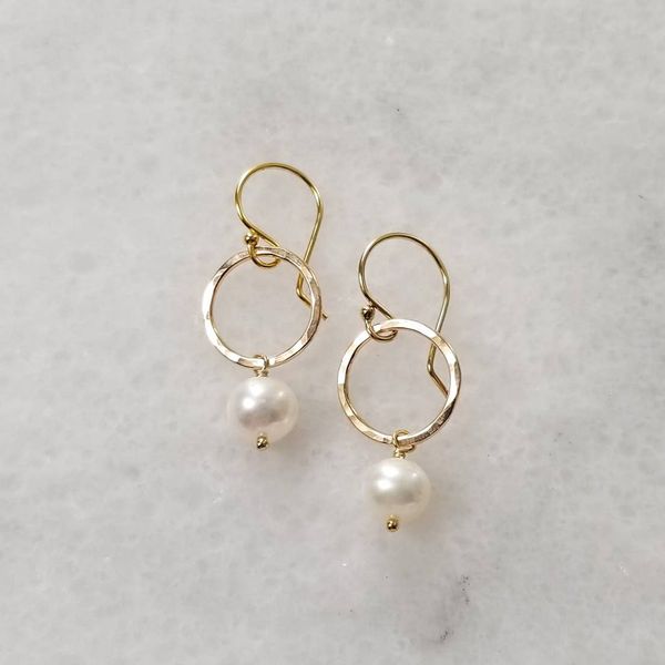 Yellow Gold Filled Hammered Circle Earrings with White Freshwater Pearl J. Schrecker Jewelry Hopkinsville, KY