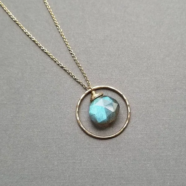 Yellow Gold Filled Faceted Labradorite Briolette with Round Hammered Halo Necklace J. Schrecker Jewelry Hopkinsville, KY
