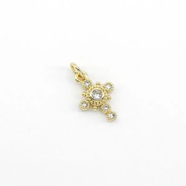 Petite Yellow Gold Filled Beaded Cross with Bezel Set Round Clear CZs J. Schrecker Jewelry Hopkinsville, KY