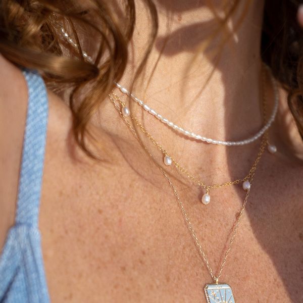 Yellow Gold Filled Necklace with Five White Freshwater Pearl Drops Image 2 J. Schrecker Jewelry Hopkinsville, KY