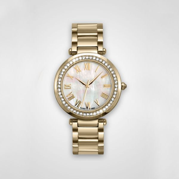 Lady's Goldtone Stainless Steel Watch with Mother of Pearl Dial & Swarovski Crystal Bezel J. Schrecker Jewelry Hopkinsville, KY