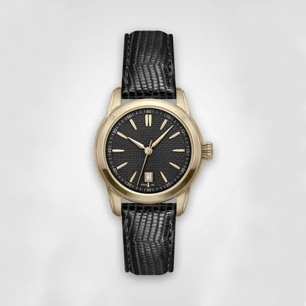 Lady's Goldtone Stainless Steel Watch with Black Leather Strap J. Schrecker Jewelry Hopkinsville, KY