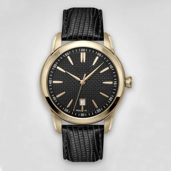 Man's Goldtone Stainless Steel Watch with Black Leather Strap J. Schrecker Jewelry Hopkinsville, KY