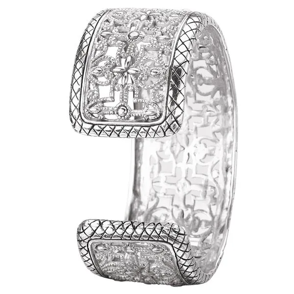 Eleganza Sterling Silver Wide Filigree Cuff Bracelet with Yellow Gold Accents Image 2 J. Schrecker Jewelry Hopkinsville, KY