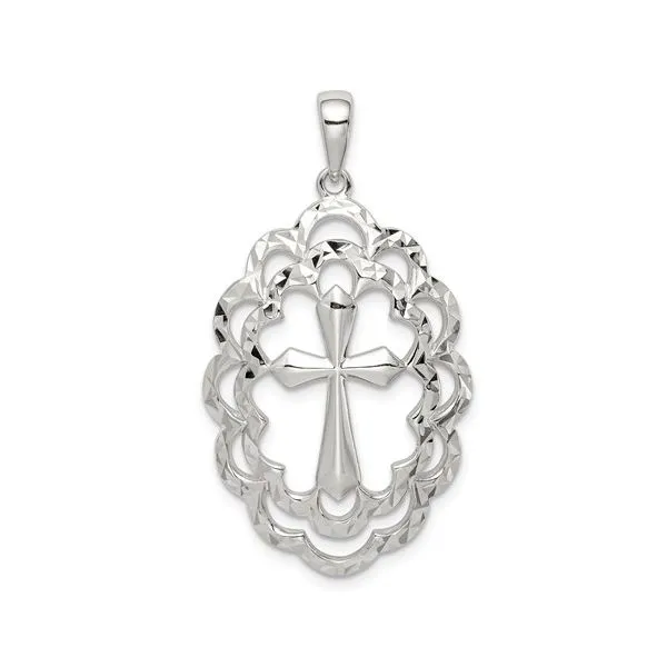 Sterling Silver Diamond Cut Cross Pendant with Oval Halo J. Schrecker Jewelry Hopkinsville, KY