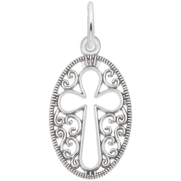 Sterling Silver Filigree Oval Charm with Cross Cut Out Design J. Schrecker Jewelry Hopkinsville, KY
