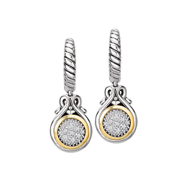 Eleganza Sterling Silver and 18 Karat Yellow Gold Hoop Diamond Drop Earrings J. Schrecker Jewelry Hopkinsville, KY