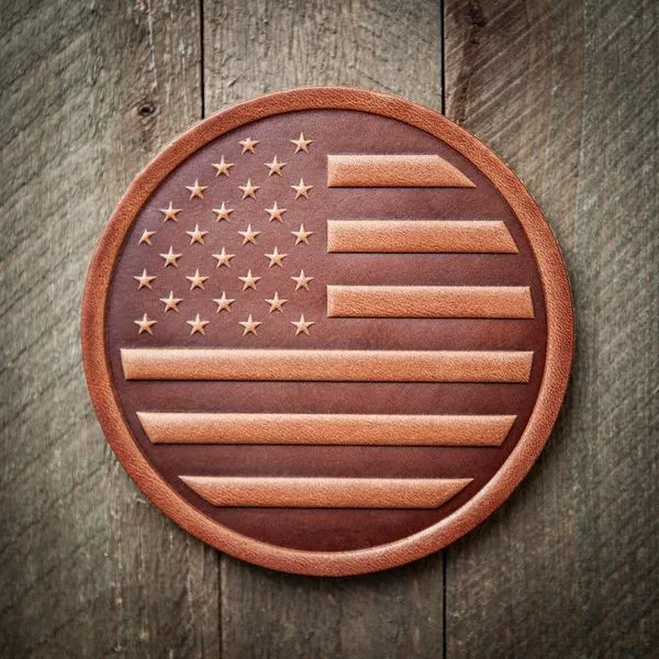 American Flag Genuine Leather Hand Pressed Tan 4 Inch Round Coaster Made in USA from Premium Harness Leather J. Schrecker Jewelry Hopkinsville, KY