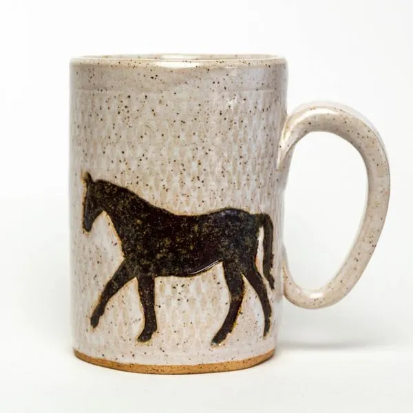 Speckled White Stoneware Mug with Brown Horse J. Schrecker Jewelry Hopkinsville, KY