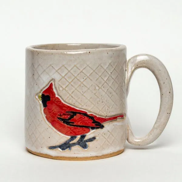 Speckled White Stoneware Mug with Cardinal J. Schrecker Jewelry Hopkinsville, KY