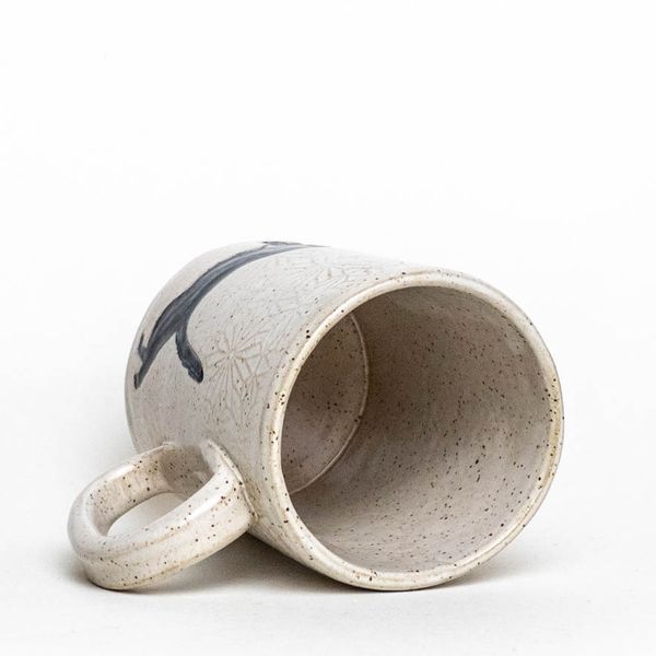 Speckled White Stoneware Mug with Jumping Black Cat Silhouette Image 3 J. Schrecker Jewelry Hopkinsville, KY