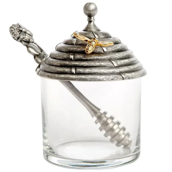 Salisbury Honey Jar with Pewter Lid and Stirrer with Gold Plated Bee J. Schrecker Jewelry Hopkinsville, KY