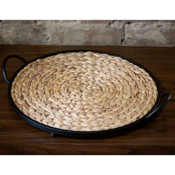17.25 Inch Round Woven Corn Leaves Tray with Black Metal Frame and Handles Image 2 J. Schrecker Jewelry Hopkinsville, KY
