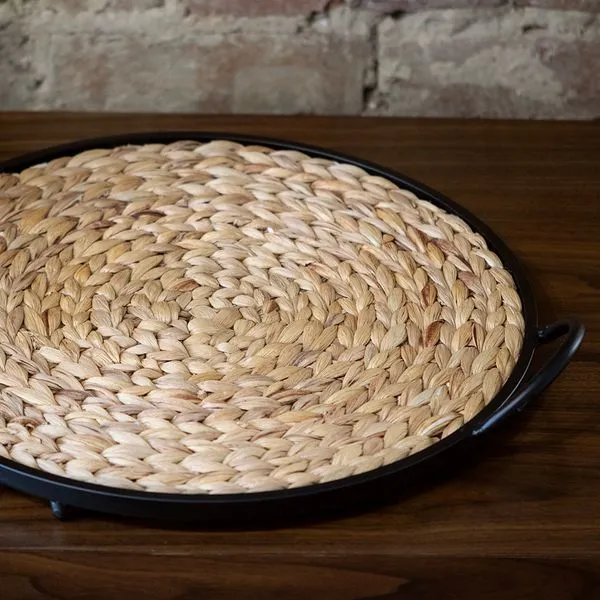 17.25 Inch Round Woven Corn Leaves Tray with Black Metal Frame and Handles J. Schrecker Jewelry Hopkinsville, KY
