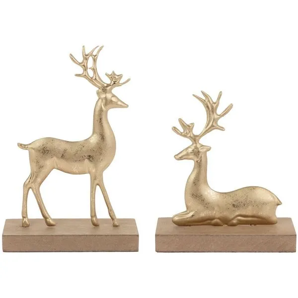 Set of Two Gold Leaf Metal Deer Figures with Wood Base J. Schrecker Jewelry Hopkinsville, KY