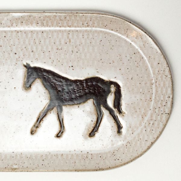 Speckled White Stoneware Oval Tray with Brown Horse Image 2 J. Schrecker Jewelry Hopkinsville, KY