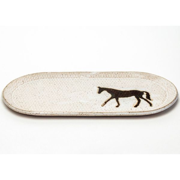 Speckled White Stoneware Oval Tray with Brown Horse J. Schrecker Jewelry Hopkinsville, KY