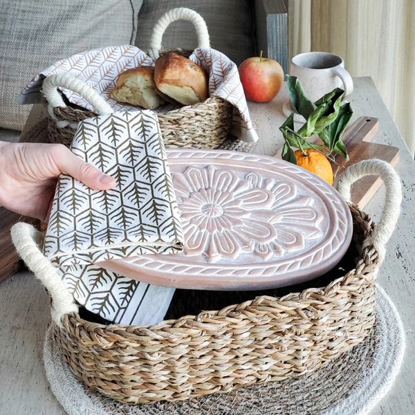 Oval Handwoven Seagrass Bread Basket with Terracotta Floral Warming Insert Image 2 J. Schrecker Jewelry Hopkinsville, KY