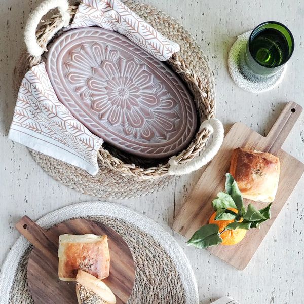 Oval Handwoven Seagrass Bread Basket with Terracotta Floral Warming Insert Image 4 J. Schrecker Jewelry Hopkinsville, KY