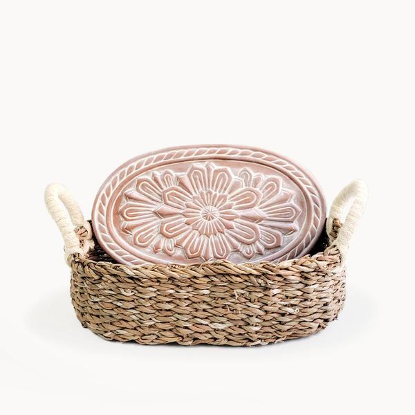 Oval Handwoven Seagrass Bread Basket with Terracotta Floral Warming Insert J. Schrecker Jewelry Hopkinsville, KY