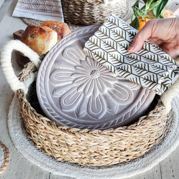 Round Handwoven Seagrass Bread Basket with Terracotta Floral Warming Insert Image 2 J. Schrecker Jewelry Hopkinsville, KY