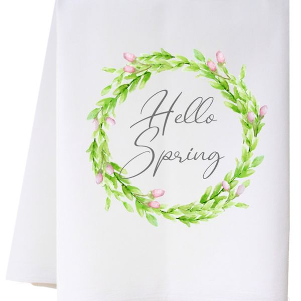 Hello Spring Green and Pink Floral Wreath White Cotton Flour Sack Tea Towel J. Schrecker Jewelry Hopkinsville, KY