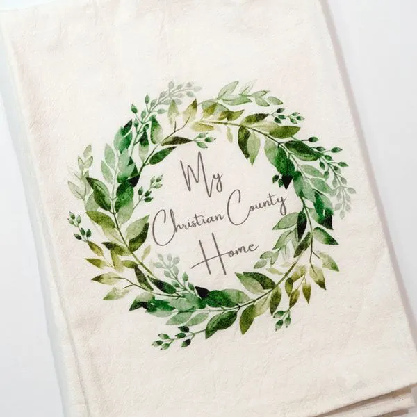 Christian County Green Wreath White Cotton Flour Sack Tea Towel J. Schrecker Jewelry Hopkinsville, KY