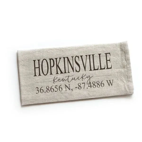 Natural Hued Cotton Linen Tea Towel with Hopkinsville Kentucky Latitude & Longitude J. Schrecker Jewelry Hopkinsville, KY