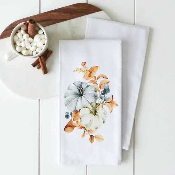 Autumn Pumpkins in on White Cotton Flour Sack Tea Towel J. Schrecker Jewelry Hopkinsville, KY