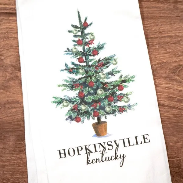 Hopkinsville Kentucky Christmas Tree in Pot White Cotton Tea Towel J. Schrecker Jewelry Hopkinsville, KY
