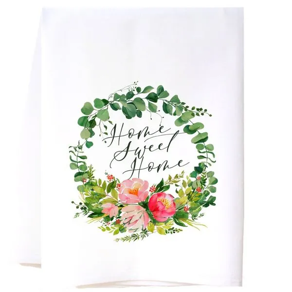Home Sweet Home Floral Wreath White Cotton Sack Tea Towel J. Schrecker Jewelry Hopkinsville, KY