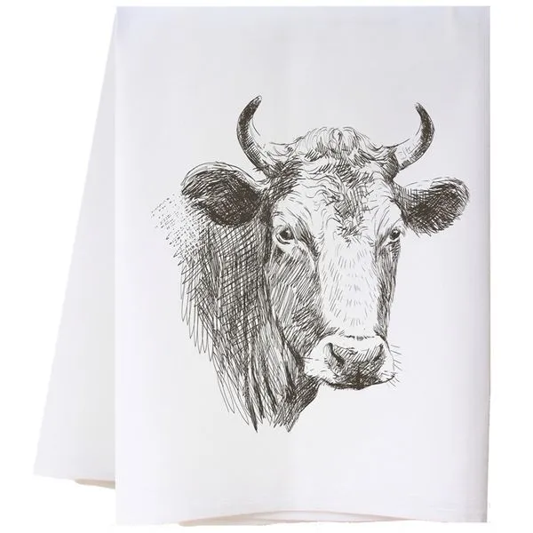 Sketched Cow White Flour Sack Tea Towel J. Schrecker Jewelry Hopkinsville, KY