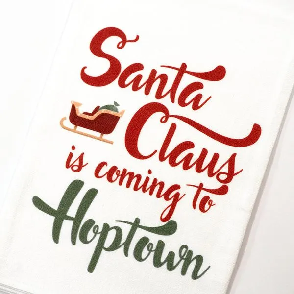 Santa Claus is Coming to Hoptown White Cotton Flour Sack Towel J. Schrecker Jewelry Hopkinsville, KY
